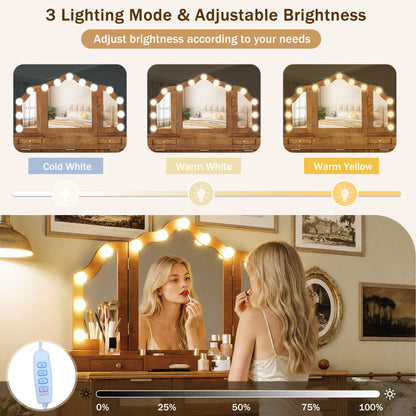 44.37" Makeup Vanity Desk with Stool Set, 13 Hollywood Bulbs & 3 Lighting Modes Dressing Table, Tri-Fold Mirror Large Vanity Table with Cushioned Stool, Charging Station, Ample Storage, Espresso image 4