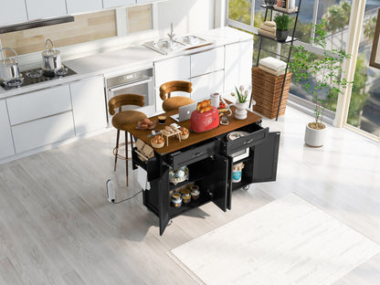 K&K 53.5''Farmhouse Kitchen Island with Power Outlet, Kitchen Storage Island with Drop Leaf, Spice Rack and Drawer, Rolling Kitchen Cart on Wheels, for Home, Kitchen and Dining Room, Black image 7