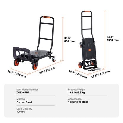 Aluminum Hand Truck, 2 in 1, 300 lbs Load Capacity, Heavy Duty Industrial Convertible Folding Hand Truck and Dolly, Utility Cart Converts from Hand Truck to Platform Cart with Rubber Wheels image 5