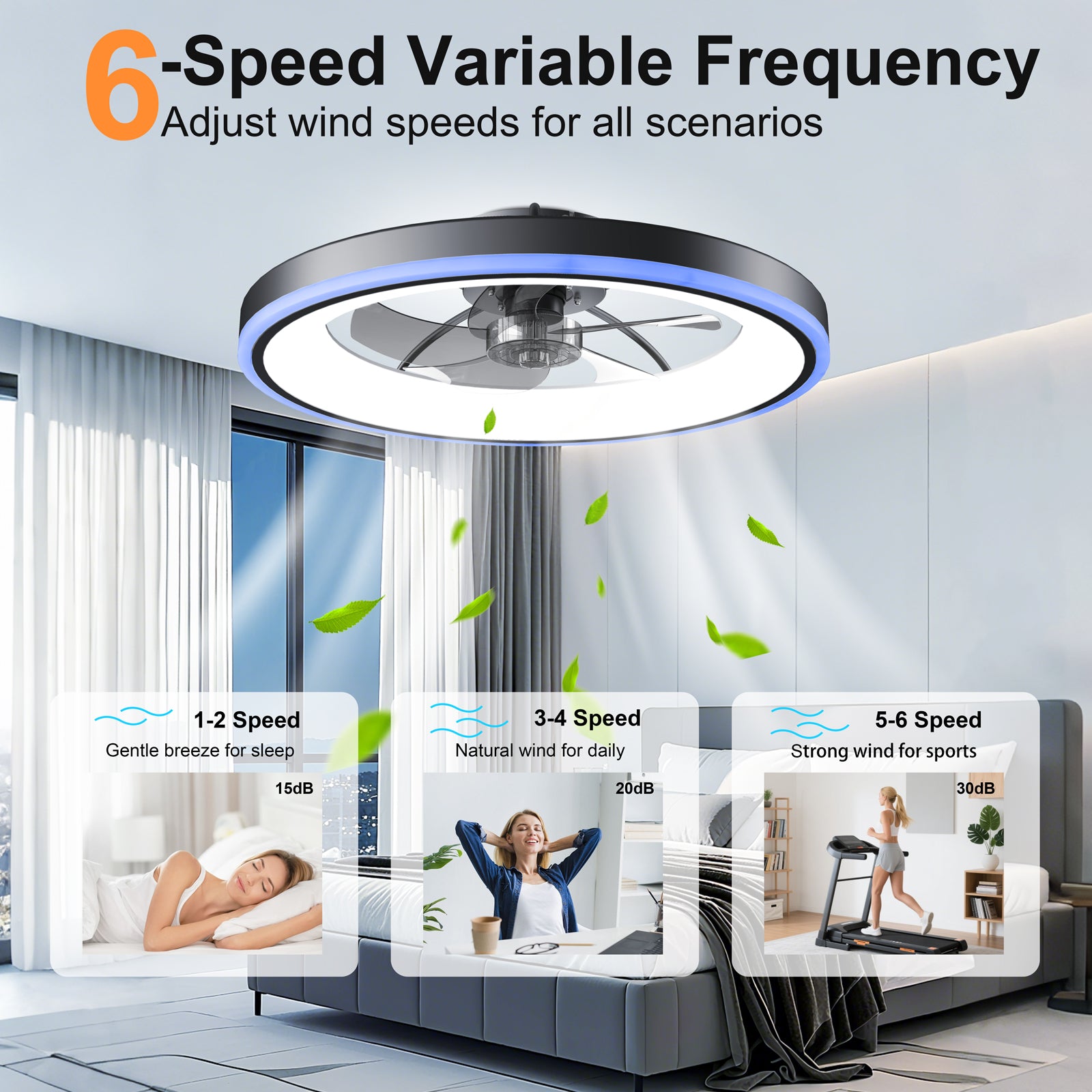 23.6" Modern RGB Ceiling Fan with Lights, Flush Mount Low Profile Fan with Remote & APP, 6-Speed Reversible Silent DC Motor, Dimmable 3000-6500K LED for Bedroom, Black image 7