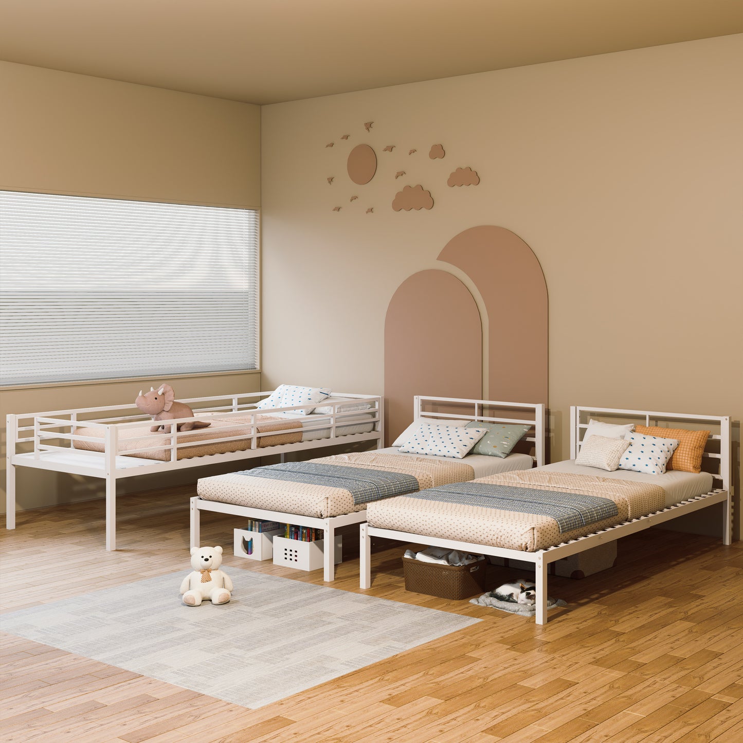 Triple Bunk Bed for Kids,3 Bed Bunk Beds for 3,Metal Triple Bunk Beds,Separates Into 3 Twin Beds,Noise Reduced Structure,White image 5
