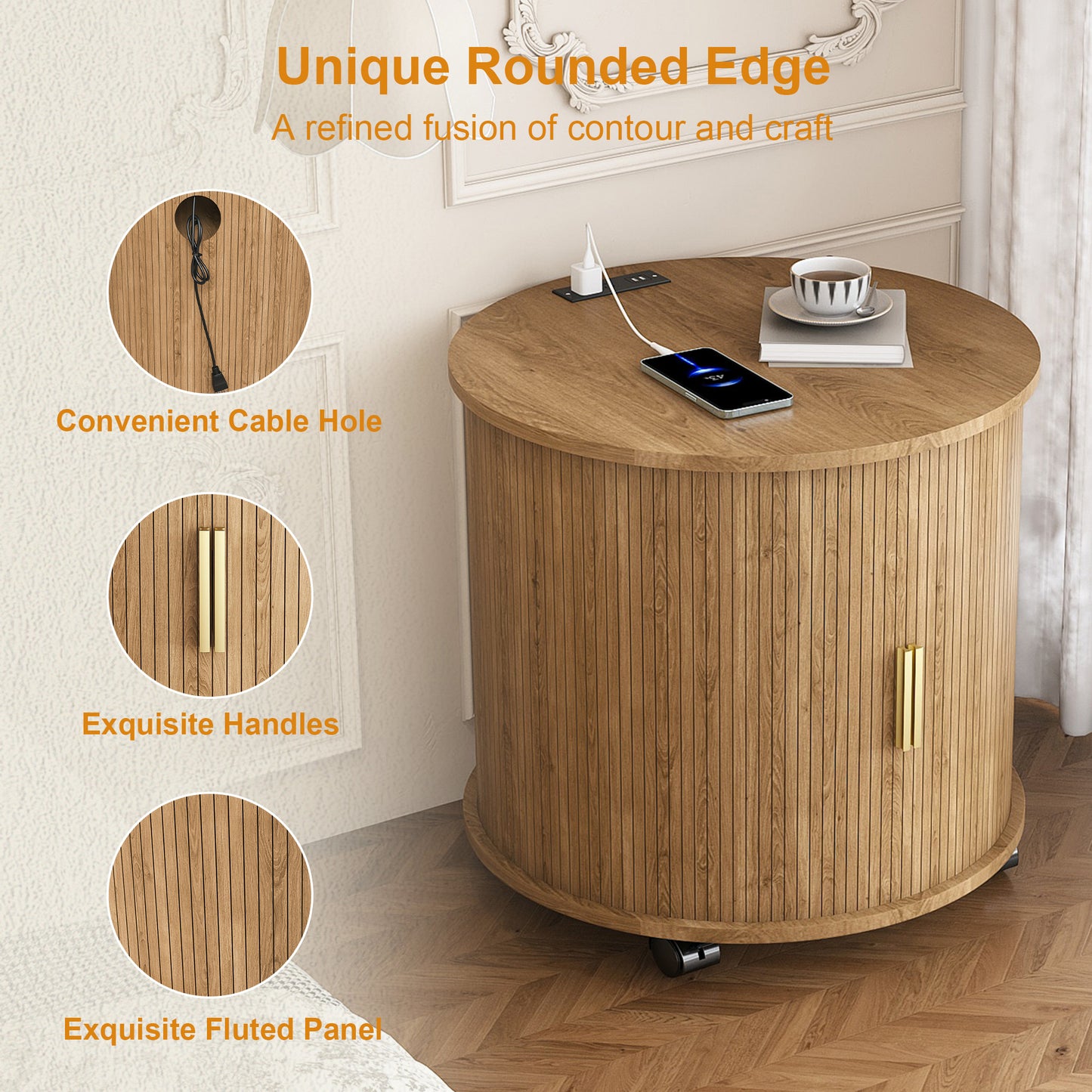 Mid Century Modern Cylinder End Table with Built-in Charging Station & Sliding Door, 2-Tier Storage Round Nightstand with USB Ports, Osk Bedside Table for Living Room, Bedroom, Entryway image 6
