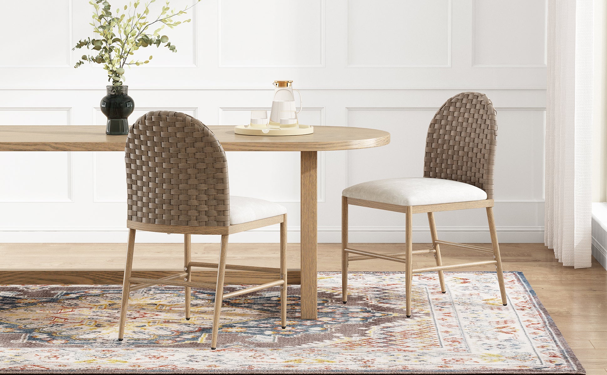 Farmhouse Dining Chairs Set of 2, Upholstered Kitchen Chairs Armless Iron Side Chair with rattan Backrest for Dining Room,Restaurant,Brown image 2