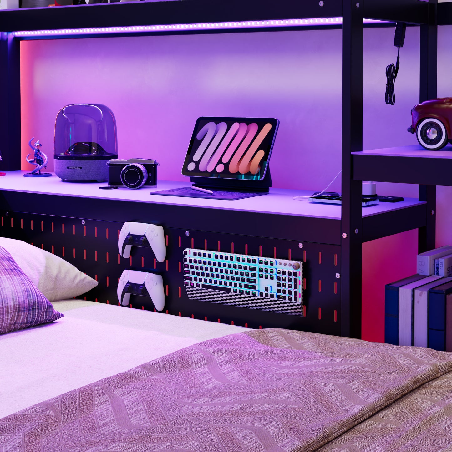 Twin Size Gaming Daybed with Integrated Desk and LED Light, Modern Wooden Bed Frame with 3 Storage Drawers and Built-in Charging Station, Multi-Functional Headboard Bookcase, Black+Purple image 8