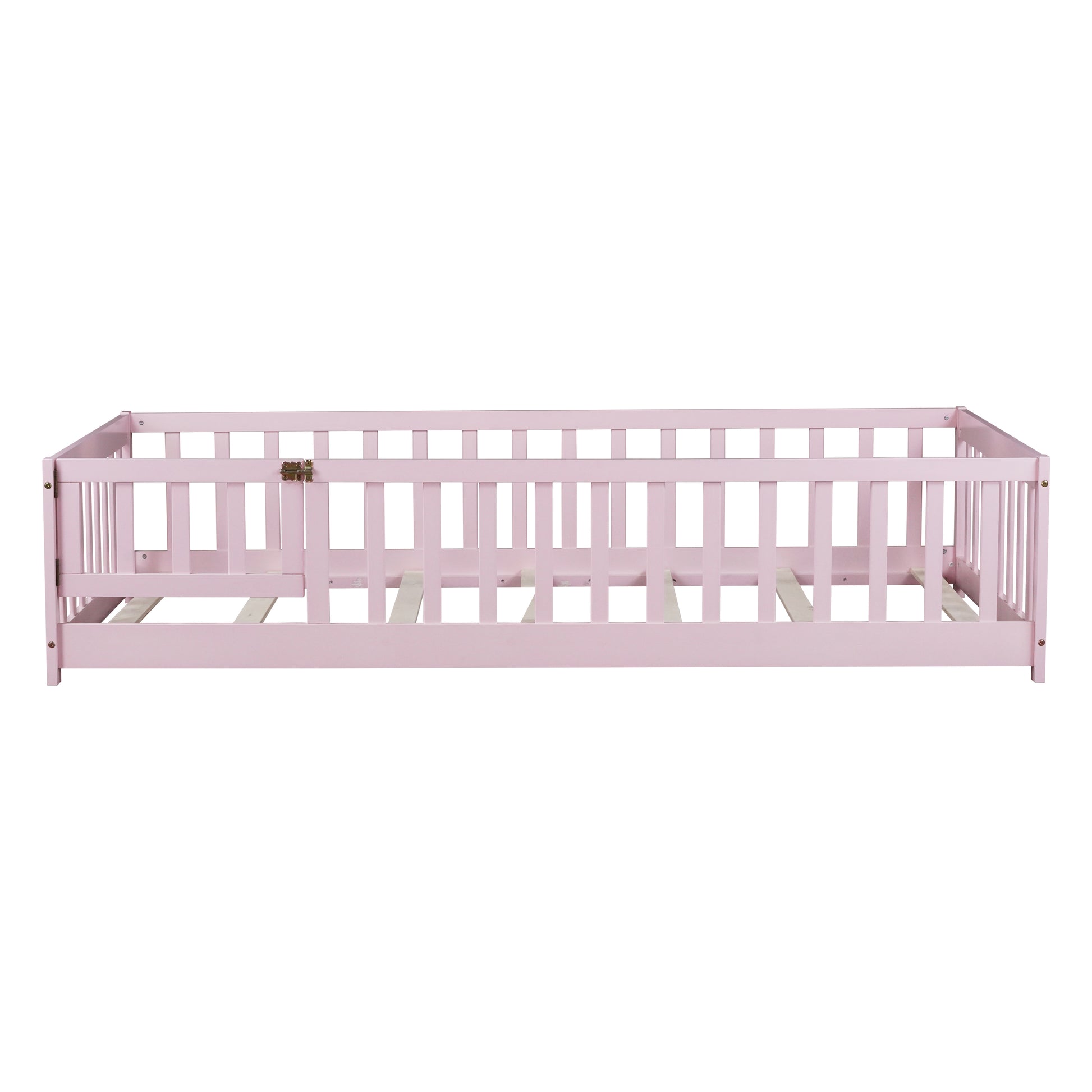 Twin Size Floor Bed with Fence and Door,Rubber Wood Floor Bed with Safety Guardrails,Pink image 5