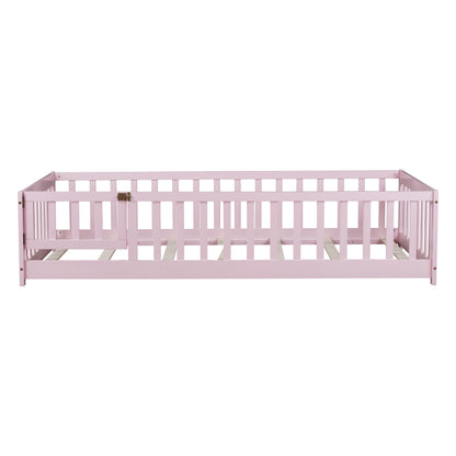 Twin Size Floor Bed with Fence and Door,Rubber Wood Floor Bed with Safety Guardrails,Pink image 5