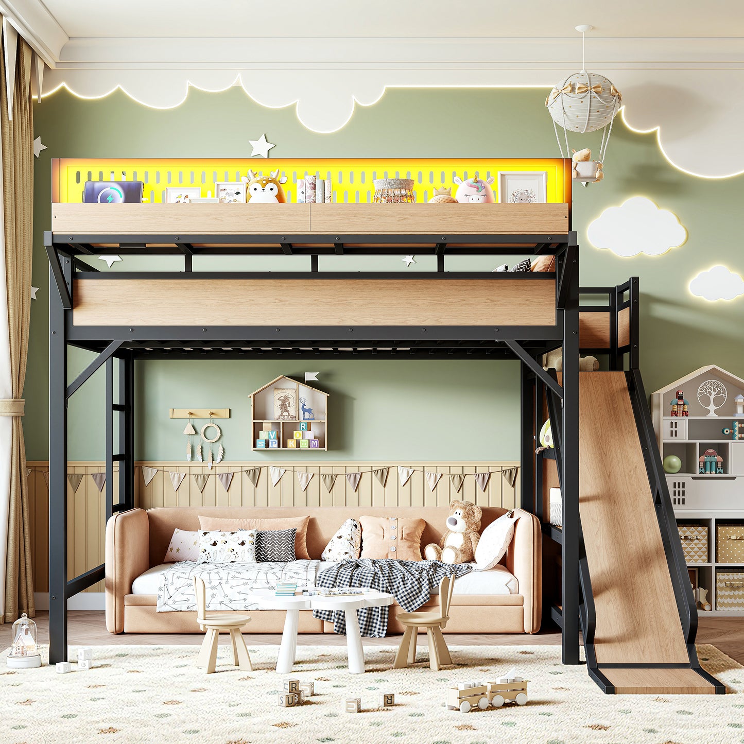 Queen Size Loft Bed with Slide, Storage Shelves and Built-in Wardrobe, Metal Loft Bed Frame with USB Ports and LED Lights, with Pegboard, Safety and Solid, Natural image 3