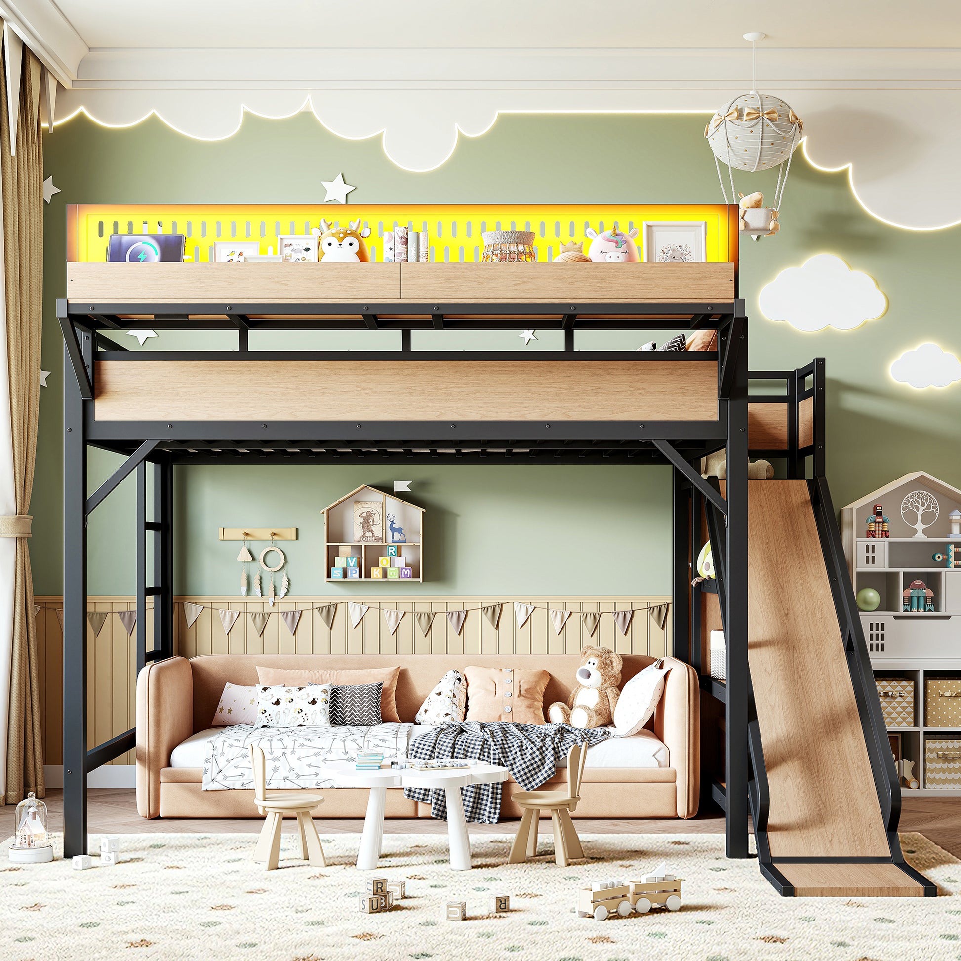 Queen Size Loft Bed with Slide, Storage Shelves and Built-in Wardrobe, Metal Loft Bed Frame with USB Ports and LED Lights, with Pegboard, Safety and Solid, Natural image 3