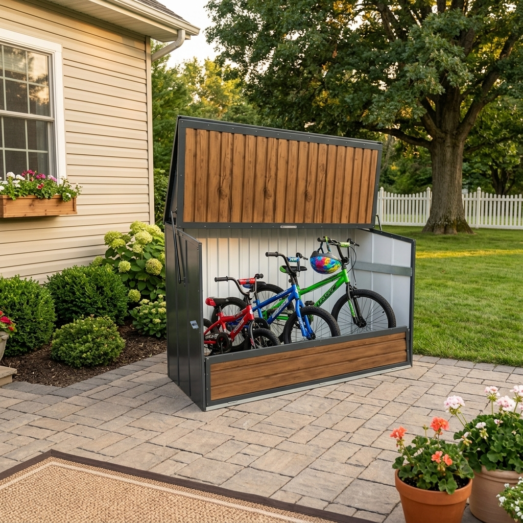 Wood Grain Galvanized Steel Storage Cabinet, Lift-Up Top & Foldable Front Door Large Capacity Tool Cabinet for Indoor, Garage & Backyard Use 594.39 US Gal 2.25m³ image 3