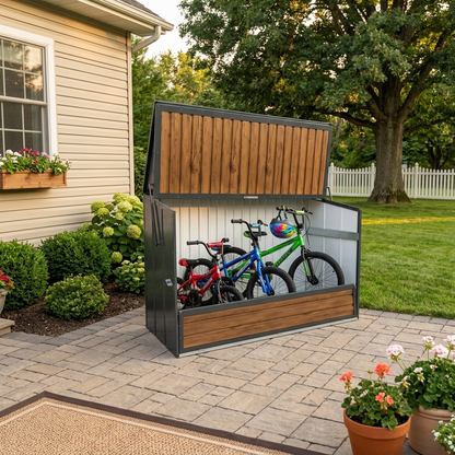 Wood Grain Galvanized Steel Storage Cabinet, Lift-Up Top & Foldable Front Door Large Capacity Tool Cabinet for Indoor, Garage & Backyard Use 594.39 US Gal 2.25m³ image 3