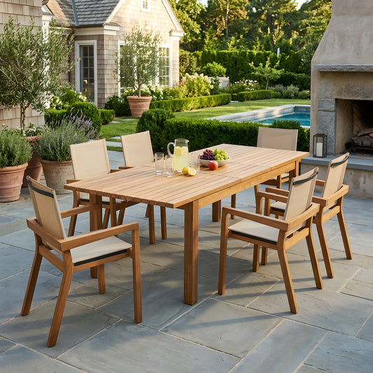 7 Pieces Acacia Wood Outdoor Dining Set s,Modern 6 Chairs 1 Large Table, Dining Furniture Set for Lawn, Backyard, Garden Deck,Poolside,Beige image 1