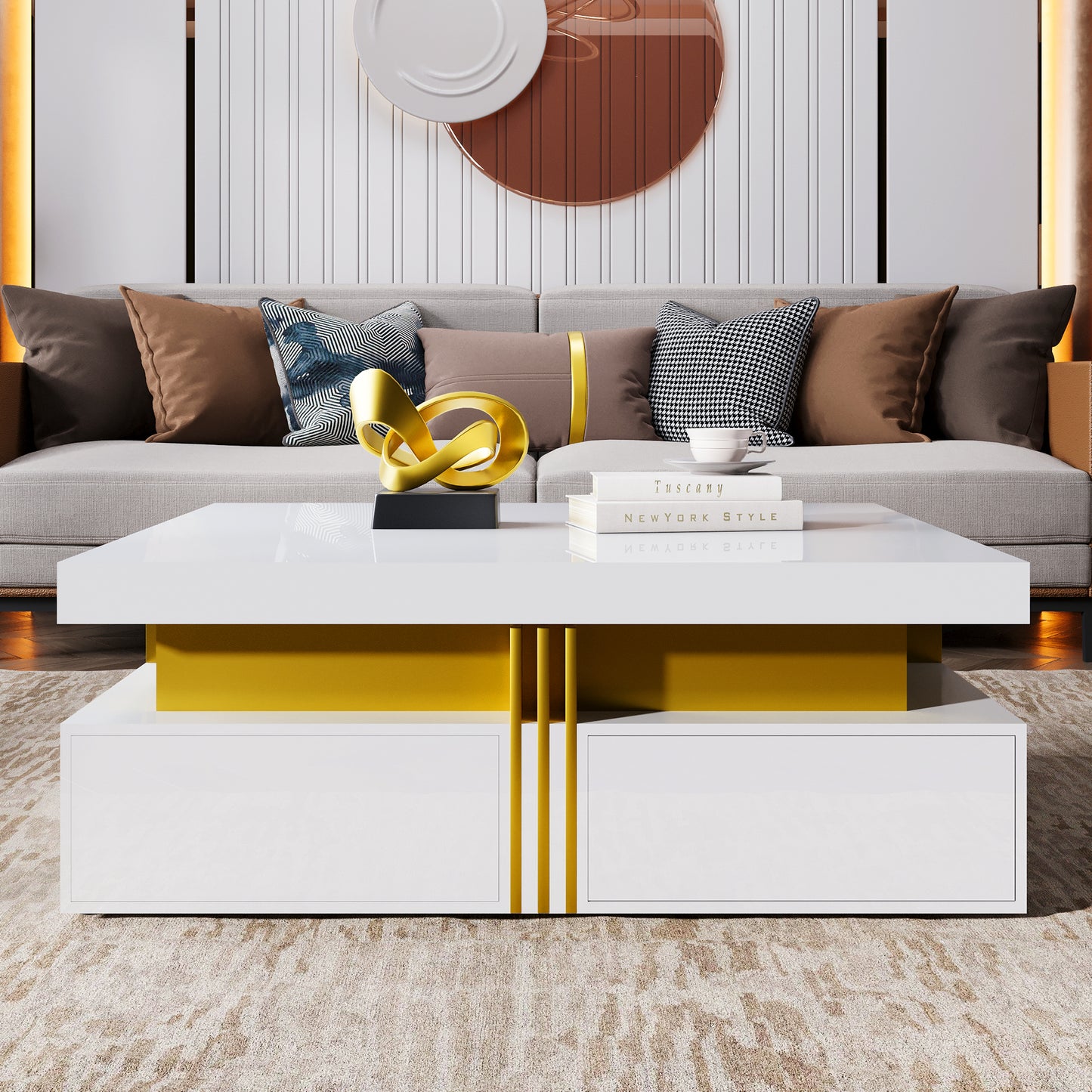 Modern Glossy Square Storage Coffee Table with 4 Drawers, 43.3", White image 6
