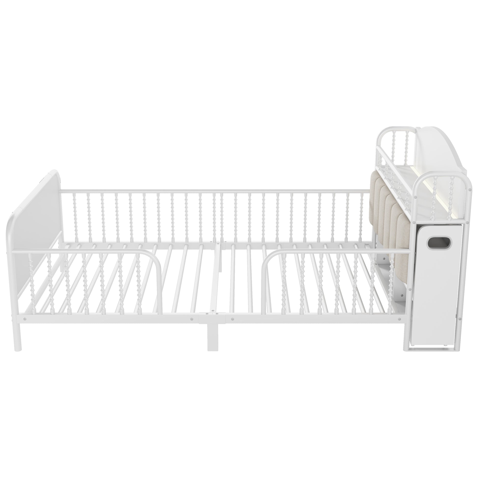 Twin Size Metal Platform Bed Frame with Light, Kids Twin Metal Bed with Upholstered and Pull Out Storage Shelves, White (Expect Arrival Date 2025/10/5) image 12