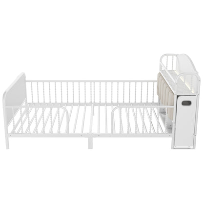 Twin Size Metal Platform Bed Frame with Light, Kids Twin Metal Bed with Upholstered and Pull Out Storage Shelves, White (Expect Arrival Date 2025/10/5) image 12