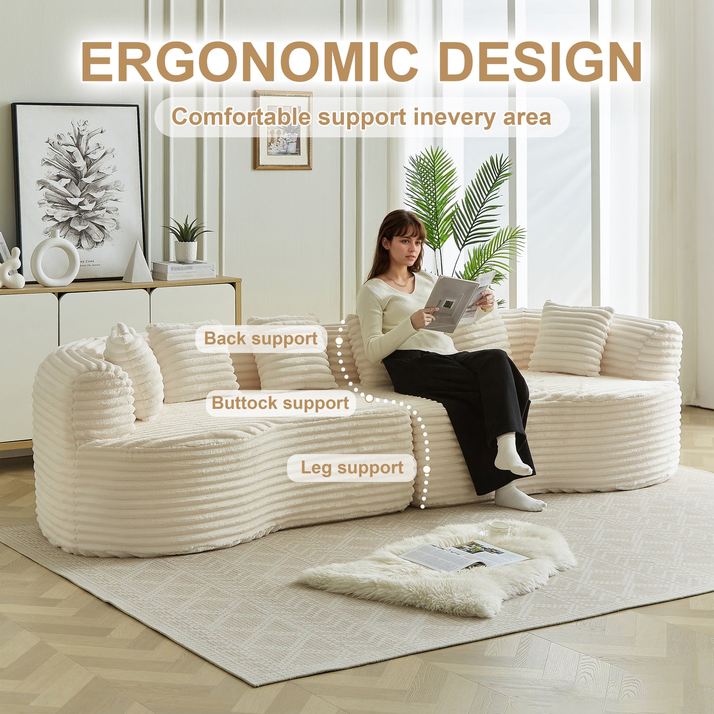 Curved Sectional Sofa, 111.5-inch Oversized Modern Bone-Free Cloud Sofa with 6 Pillows Luxury Corduroy Four-Seater Memory Foam Sofa with Deep Seat Design,beige W3505P355585 image 4