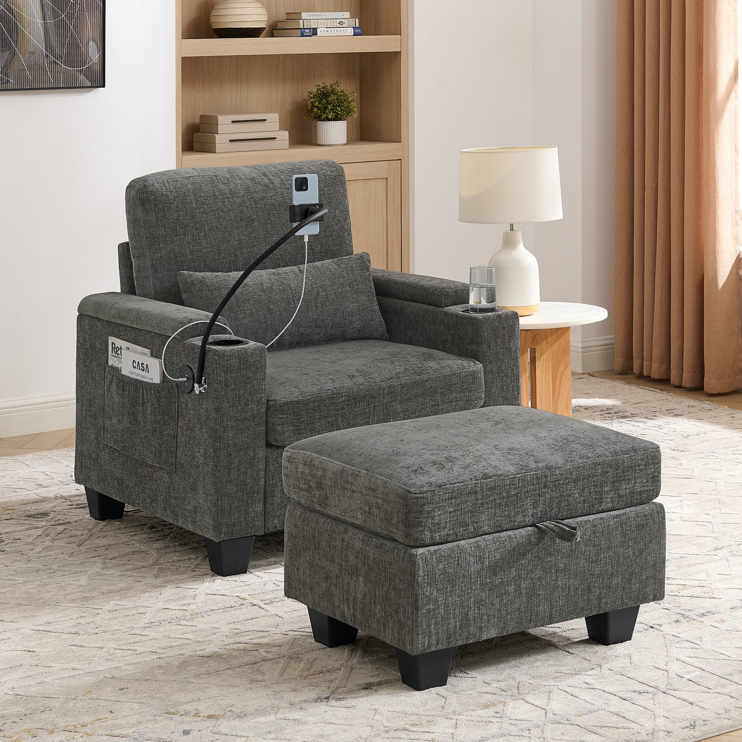 Single sofa recliner with manually adjustable backrest, USB charging port on the armrest side, phone stand included, hidden armrest storage, and a matching storage ottoman-Gray image 1