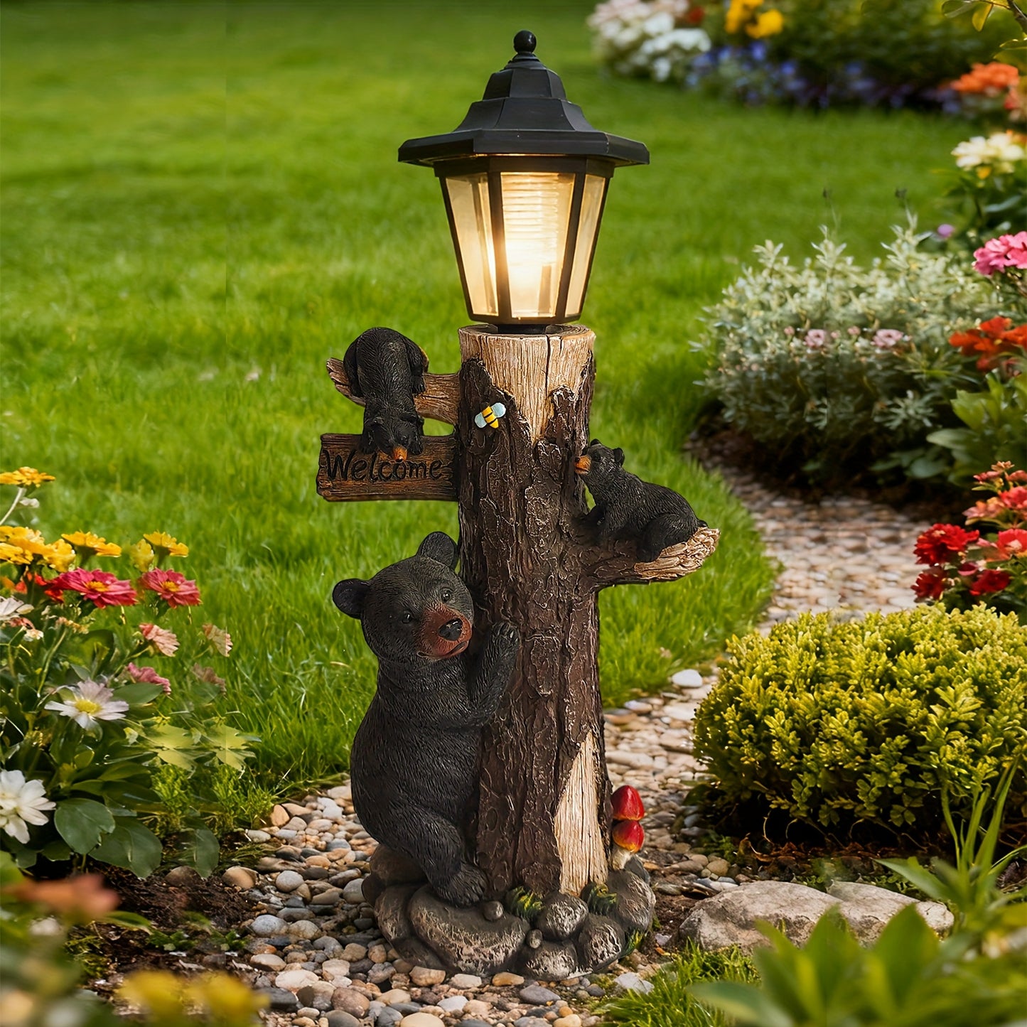 Black bear statue welcome sign garden statue with solar light, 19-inch resin bear family on tree, outdoor bear decoration for courtyard, garden, lawn, yard, perfect gift for Thanksgiving, Christmas, M image 1