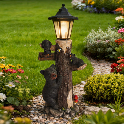 Black bear statue welcome sign garden statue with solar light, 19-inch resin bear family on tree, outdoor bear decoration for courtyard, garden, lawn, yard, perfect gift for Thanksgiving, Christmas, M image 1