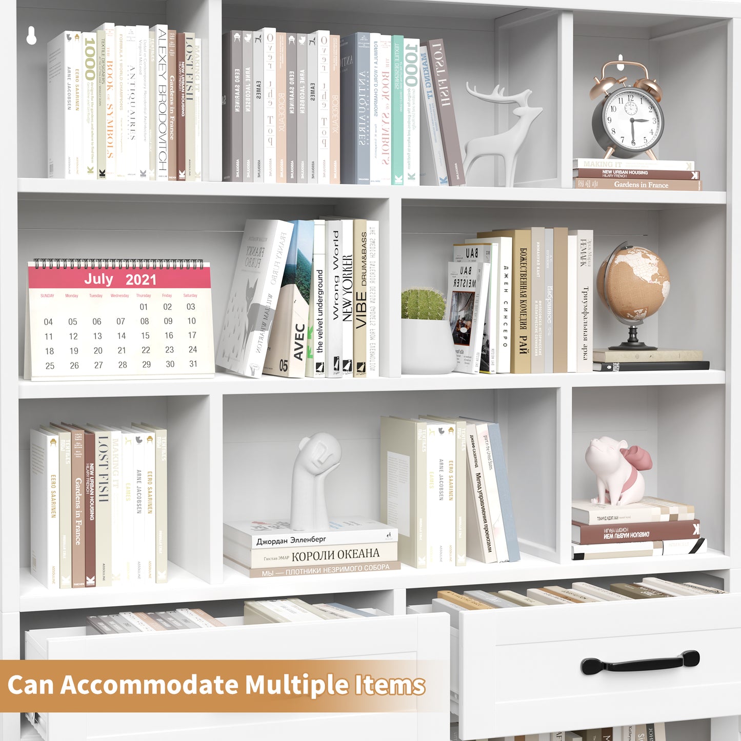 71" H Metal Bookcase with 2 Doors & 2 Drawers, Tall Storage Cabinet with Fixed Open Shelves for Home Office, Living Room, Modern Bookshelf, White image 8