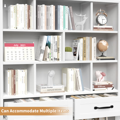 71" H Metal Bookcase with 2 Doors & 2 Drawers, Tall Storage Cabinet with Fixed Open Shelves for Home Office, Living Room, Modern Bookshelf, White image 8