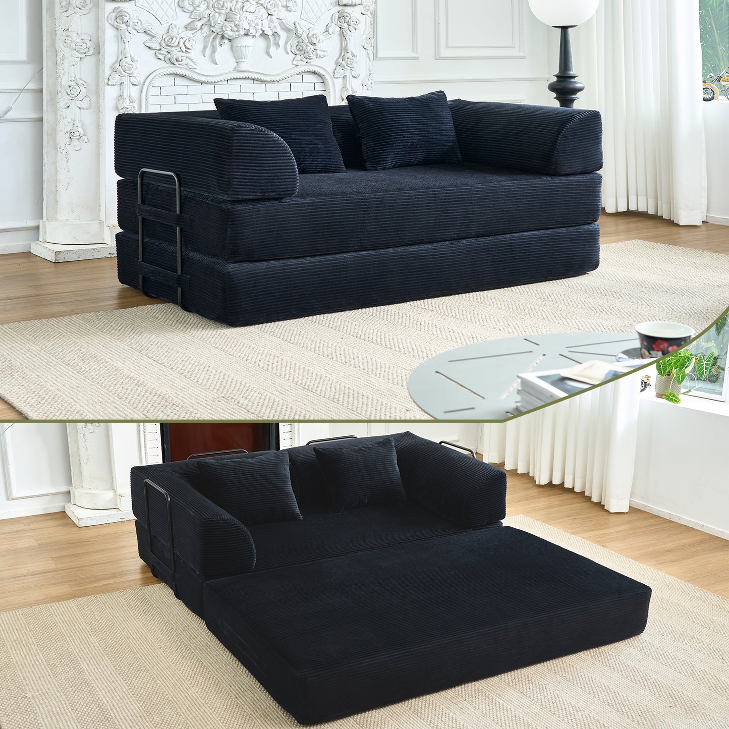 Convertible Sleeper Sofa Bed, Corduroy Folding Mattress Couch with Fixed-Shape Frame, Floor Sofa Lounge Couch Boneless Sofa for Living Room Bedroom, Black image 1
