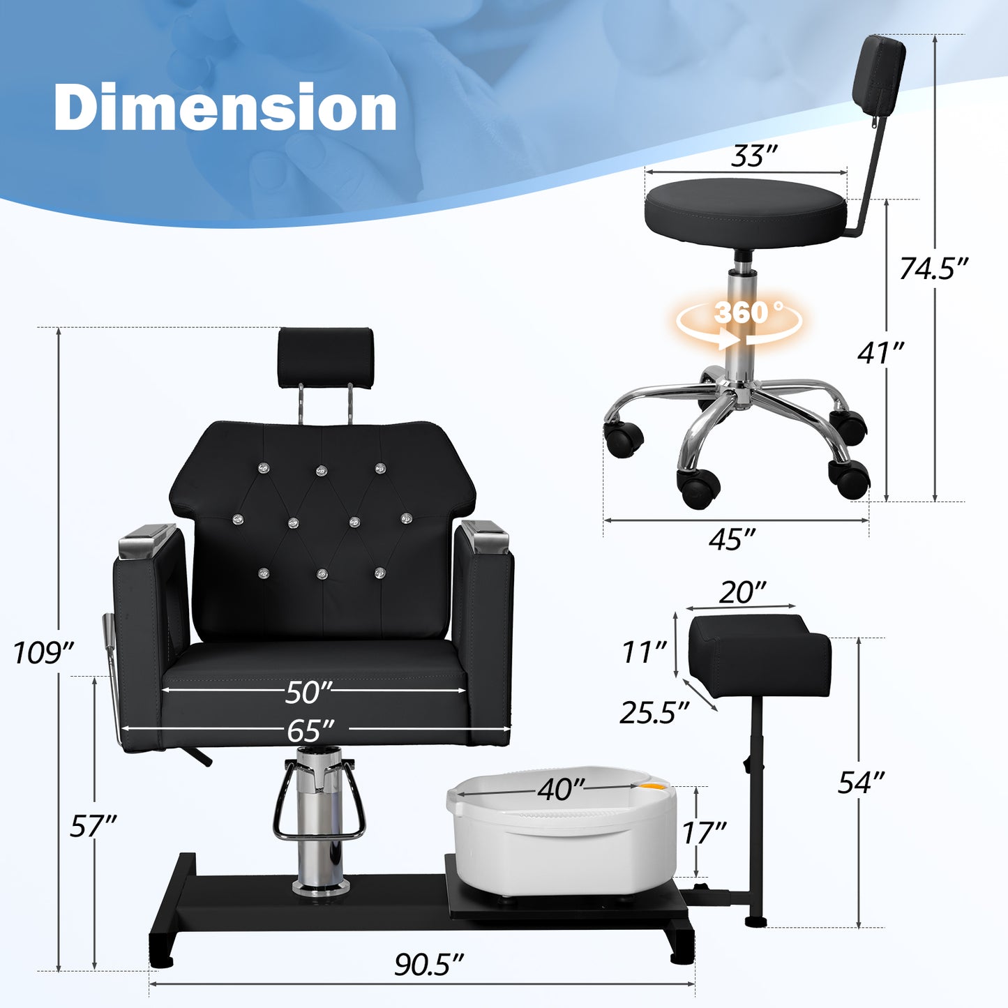 Pedicure Chair No Plumbing,Reclining Pedicure Station Unit with Adjustable Height and 360 Swivel,Hydraulic Foot Spa Chiar with Footrest and Massage Foot Bath, Black image 2