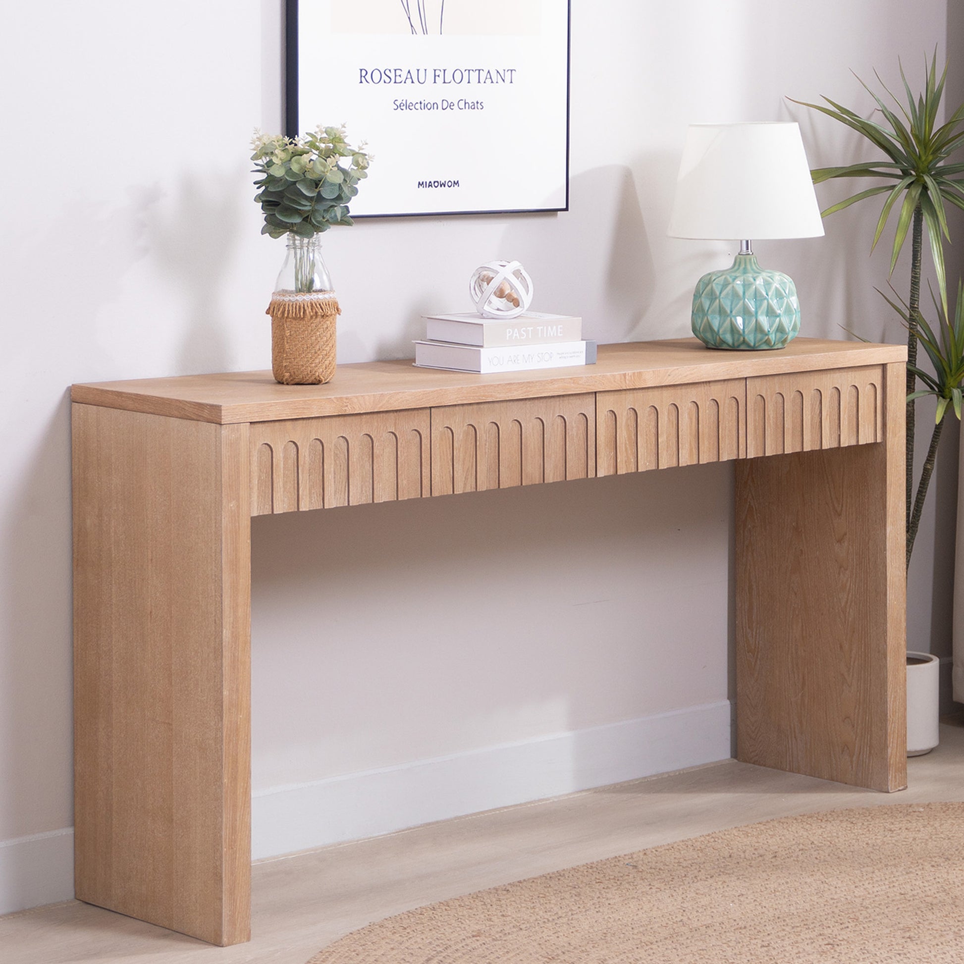 Modern Console Table with 4 Drawers – 59.2" Entryway Table in Natural Wood Finish image 2
