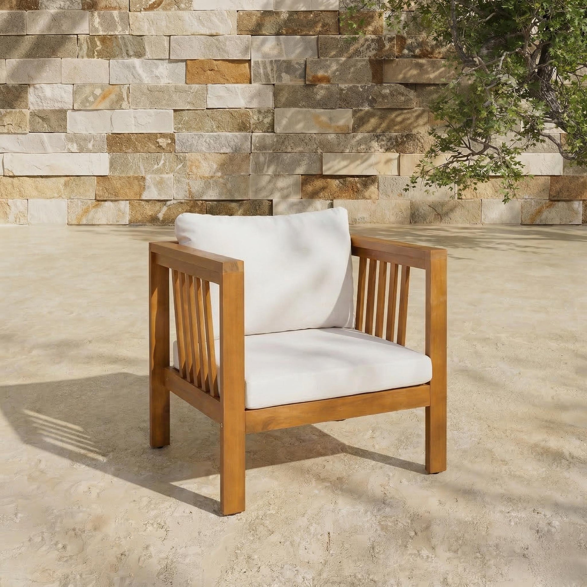 Outdoor Acacia Wood Club Chair with Modern Square Arms, Patio Chair with Thick Cushion, Adjustable Leveling Feet for Poolside, Backyard & Deck, Beige Cushion image 4