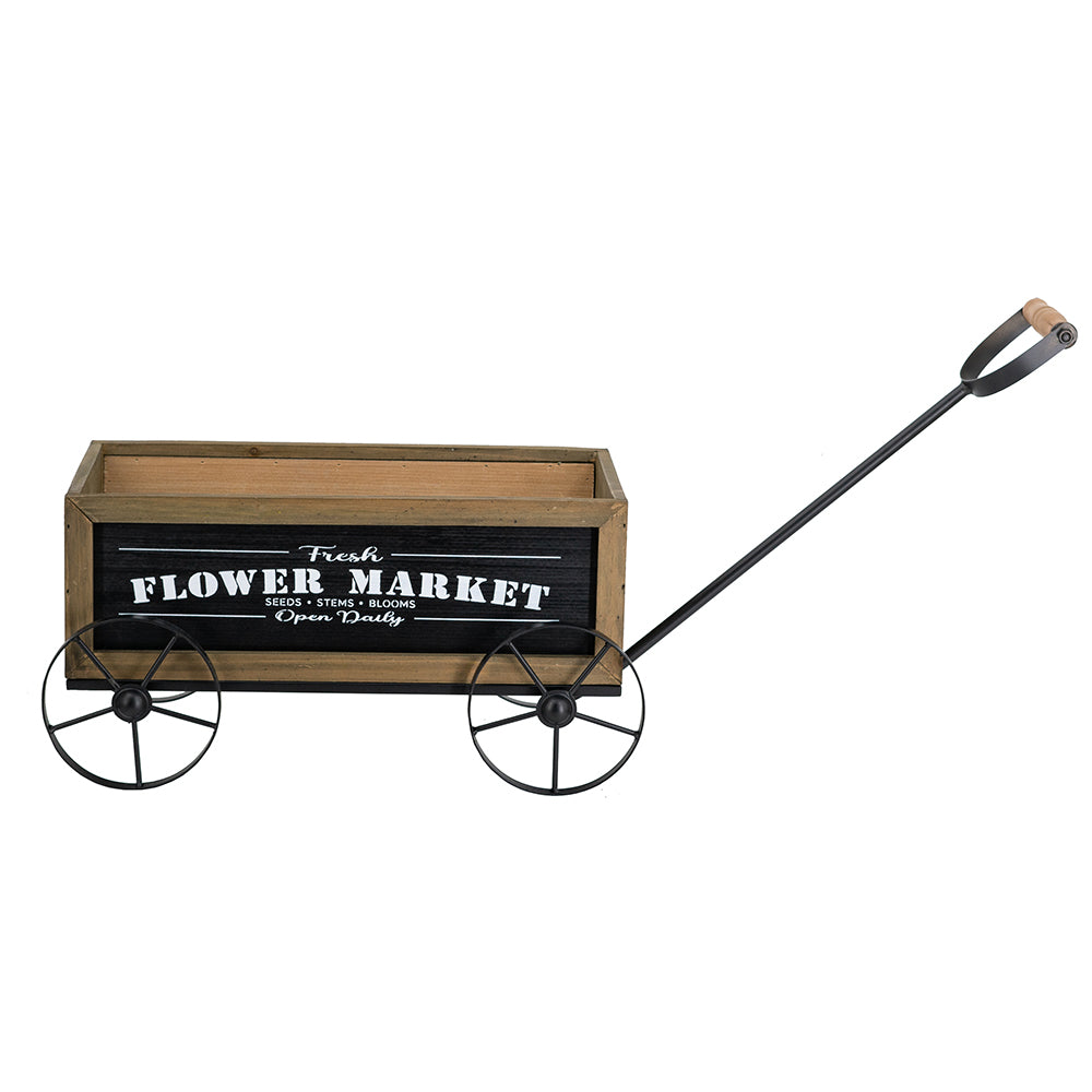 16.5x9.5x8" Rustic Wooden Wagon Planter with Black Iron Wheels and Handle image 5