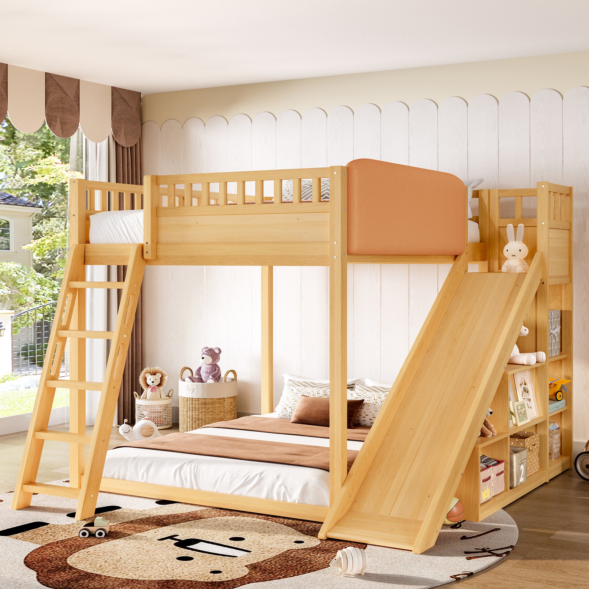 Full Size Loft Bed with upholstered headboard and storage shelves, complete with ladder and slide, Natural image 2