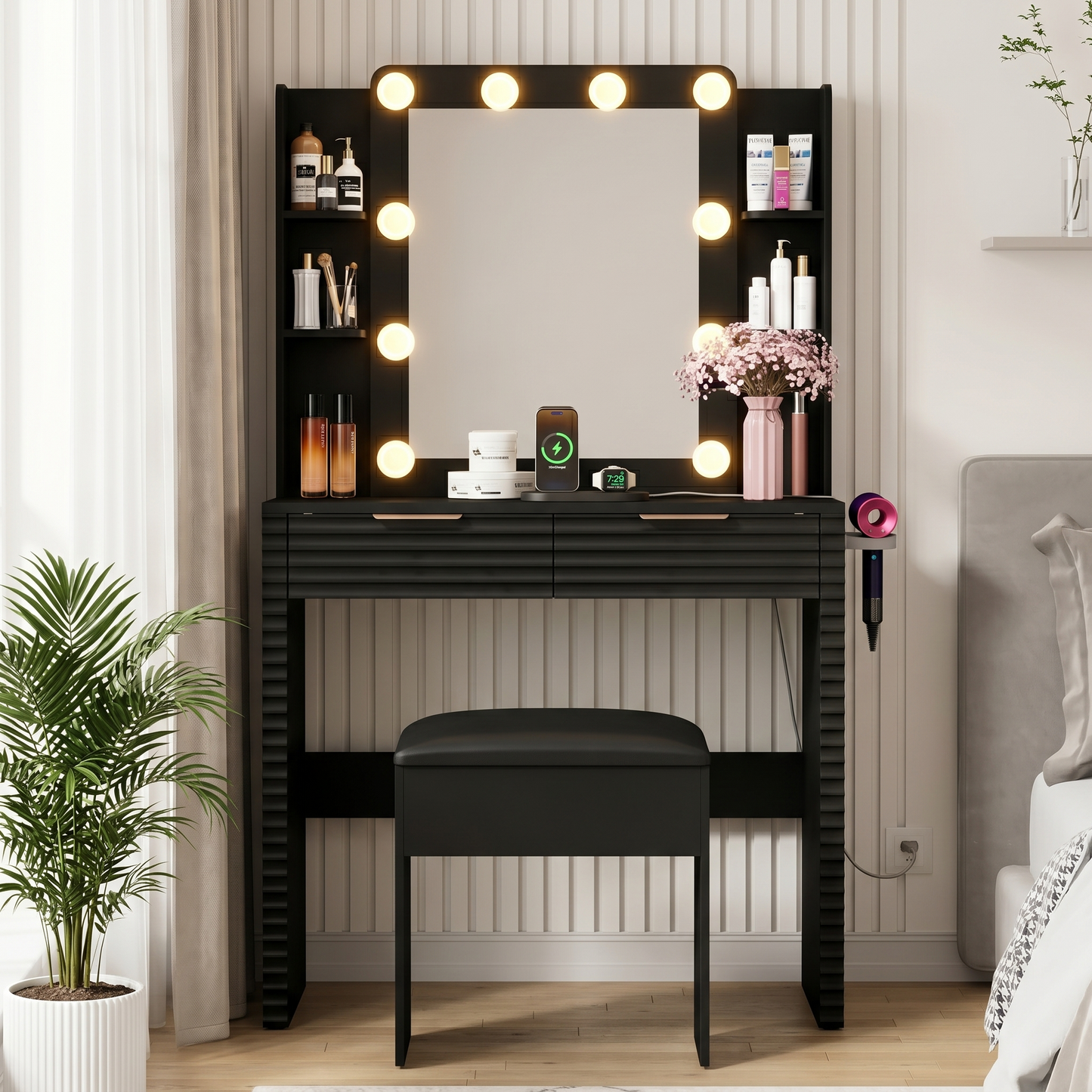Makeup Vanity Desk with 10 Hollywood Bulbs, Fluted Dressing Table with Charging Station, 2 Drawers and 4 Open Shelves, Hairdryer Holder, Padded Stool with Storage, Black image 2