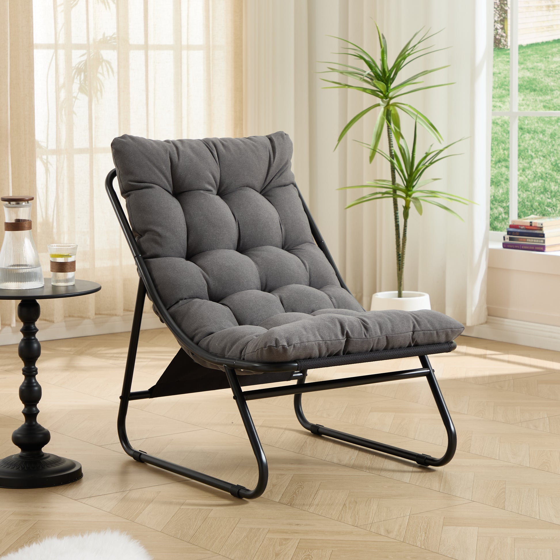 Patio Outdoor Lounge Chair with Ottoman, Comfy Sling Recliner Chair with Puffy Cushion and Foot Stool, Ideal for Living Room, Bedroom, Reading Room, Black frame with grey cushion image 8