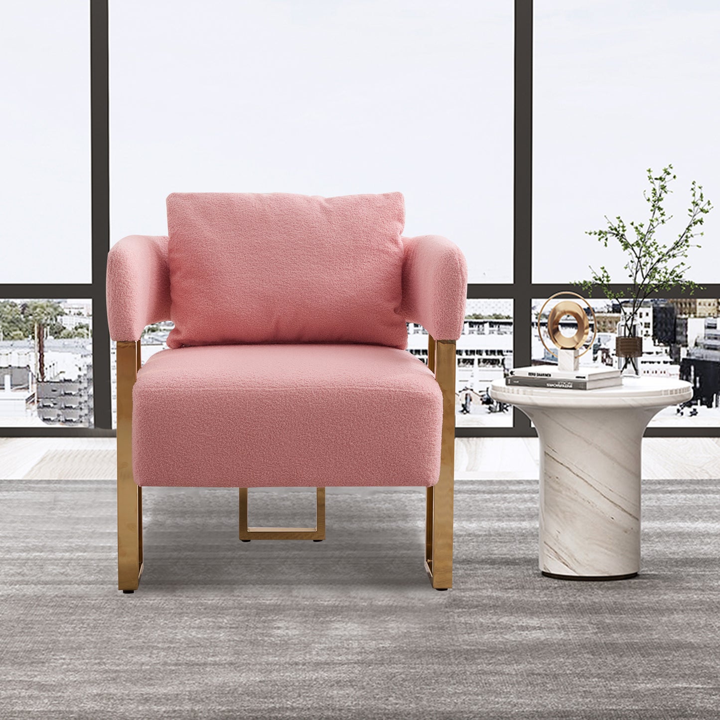 TS Modern decorative chair, living room side chair with gold metal legs, no wheels, suitable for dressing area, reception room, office,Teddy fleece upholstered metal foot sofas 2PCS Pink image 2