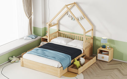 Wood Queen Size House Platform Bed with Guardrail and 2 Drawers, Natural image 5