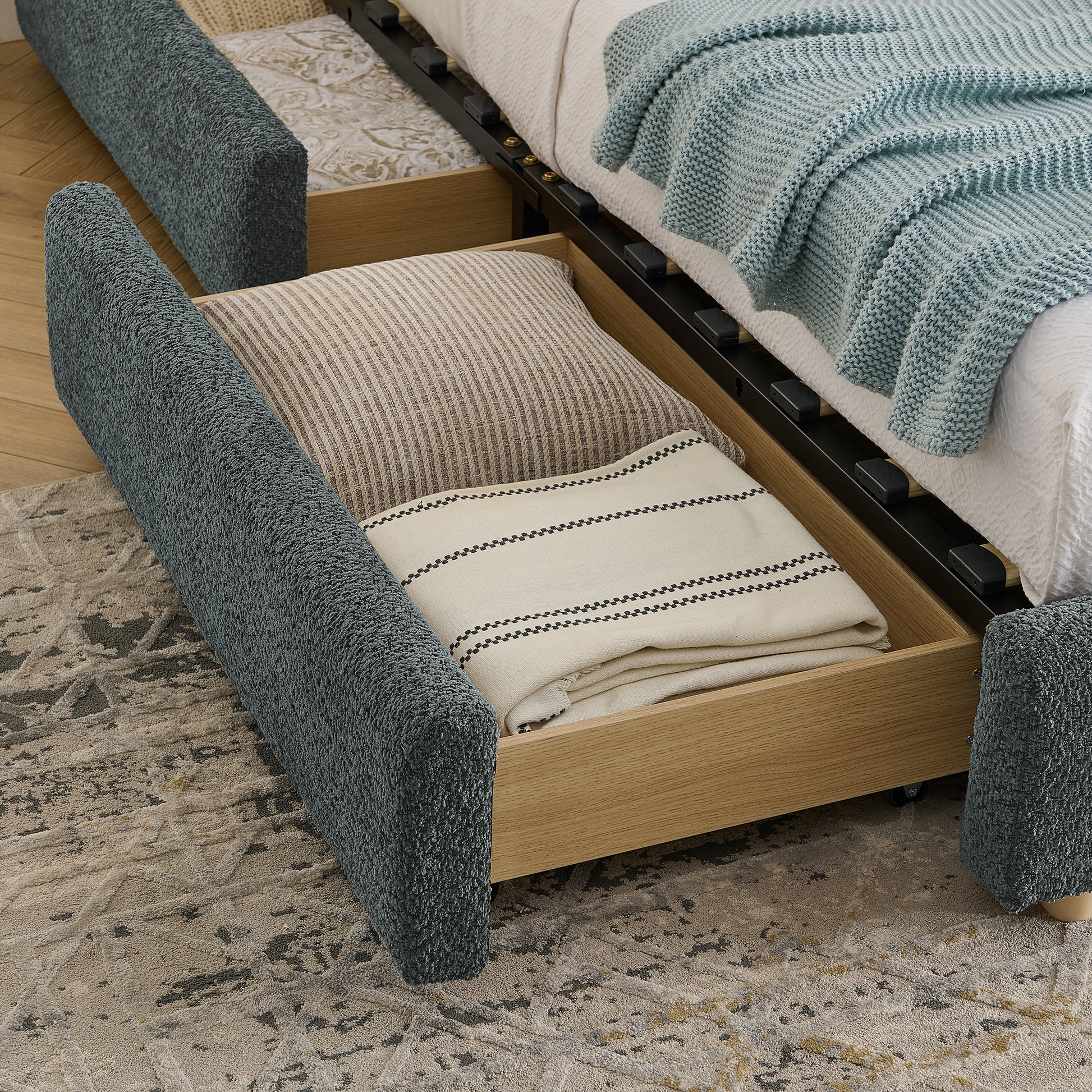 Queen Size Upholstered Bed Frame Modern Minimalist Style - Circle Yarn Fabric, Tall Curved Headboard, Sturdy Leg Support & Wheeled Drawer Storage, Mattress Not Included -Dark Gray image 6