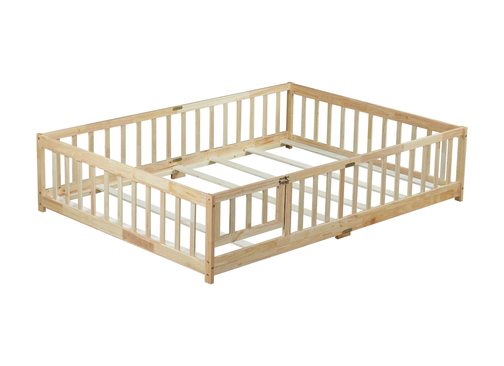 Full Size Floor Bed with Fence and Door,Rubber Wood Floor Bed with Safety Guardrails,Natural (Old Sku W504P286380) image 10