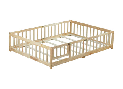 Full Size Floor Bed with Fence and Door,Rubber Wood Floor Bed with Safety Guardrails,Natural (Old Sku W504P286380) image 10