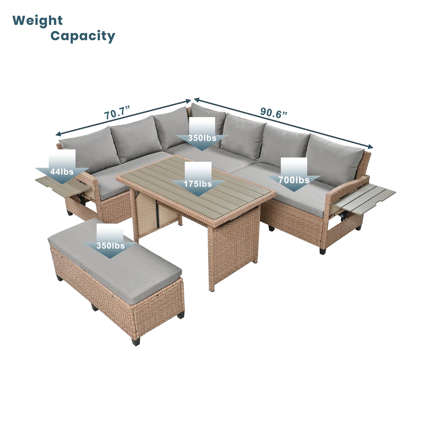 TOMAX 5-Piece Outdoor Patio Rattan Sofa Set, Sectional PE Wicker L-Shaped Garden Furniture Set with 2 Extendable Side Tables, Dining Table and Washable Covers for Backyard, Poolside, Indoor, Brown image 6