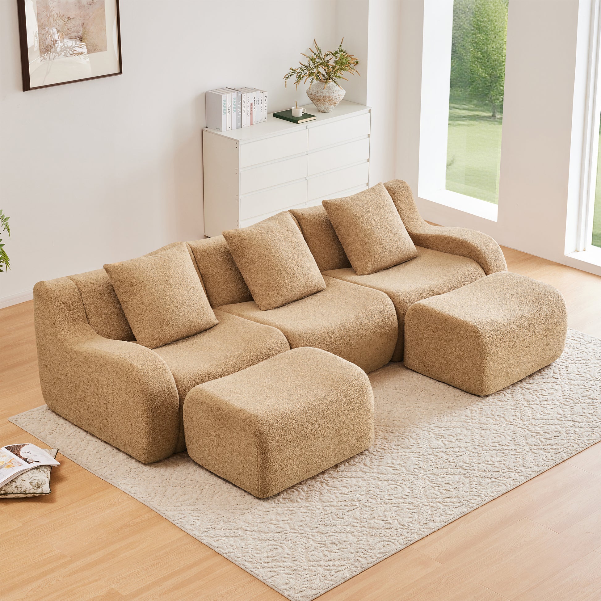 U-shaped Soft Teddy Fabric Boneless Sofa, Assembly Chaise,No Assembly Required Curved Armrest,Anti-Slip Design 32D High Density Sponge Streamlined Design,Fits Living Rooms Reading Nook,Camel image 2