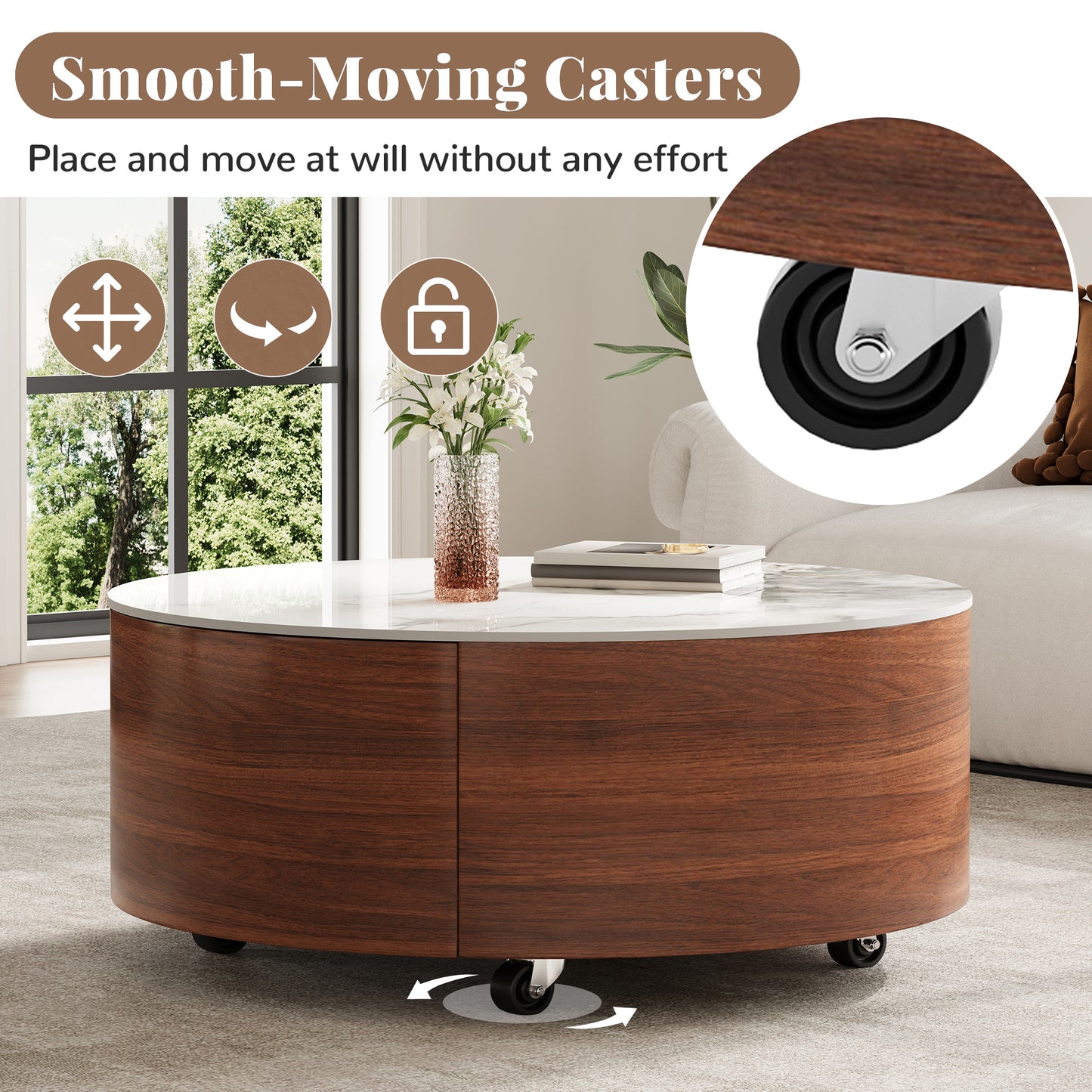 Modern Round Movable Coffee Table with Casters, 2 Drawers, Marble Pattern Sintered Stone Top, Walnut, 29.5" image 7