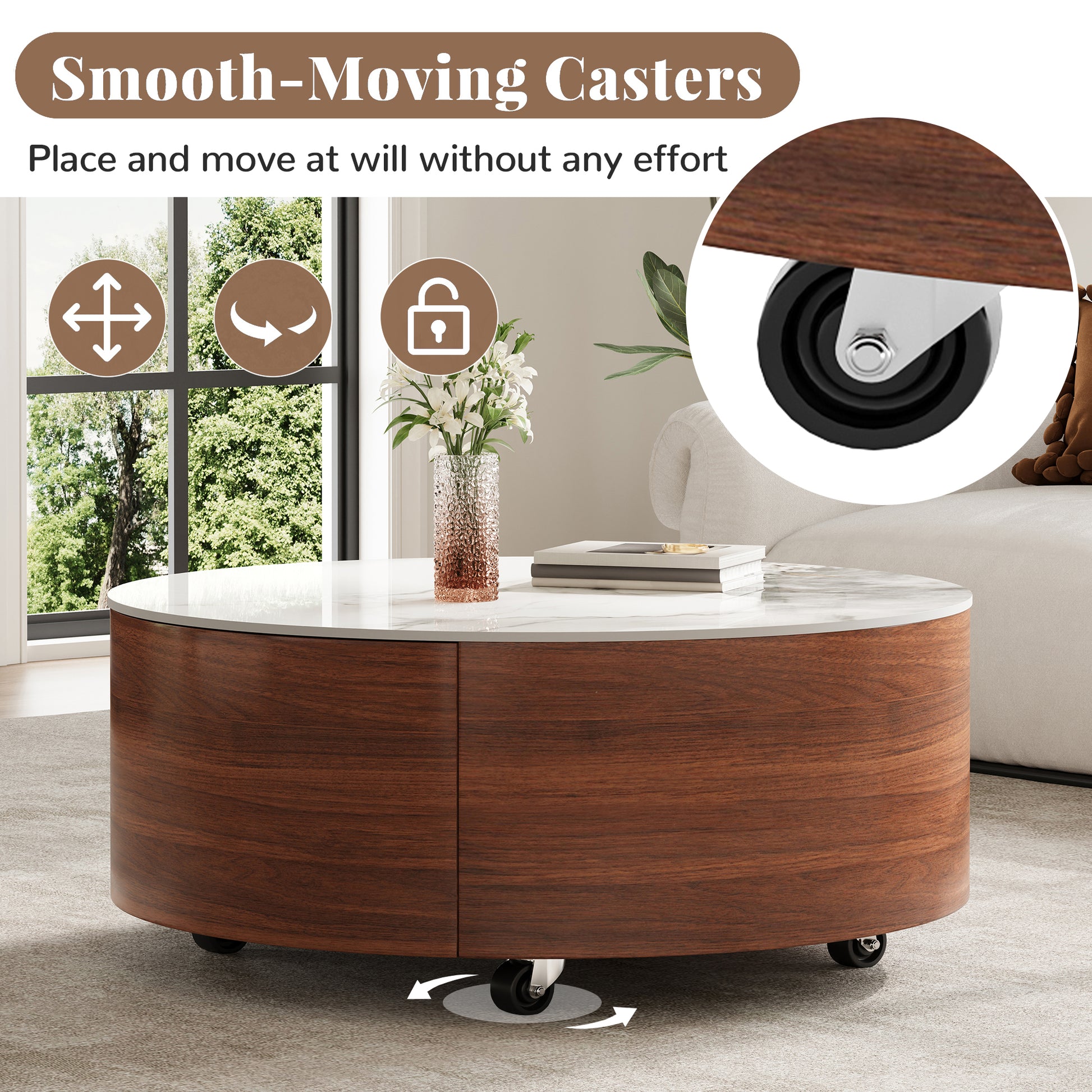 Modern Round Movable Coffee Table with Casters, 2 Drawers, Marble Pattern Sintered Stone Top, Walnut, 29.5" image 7