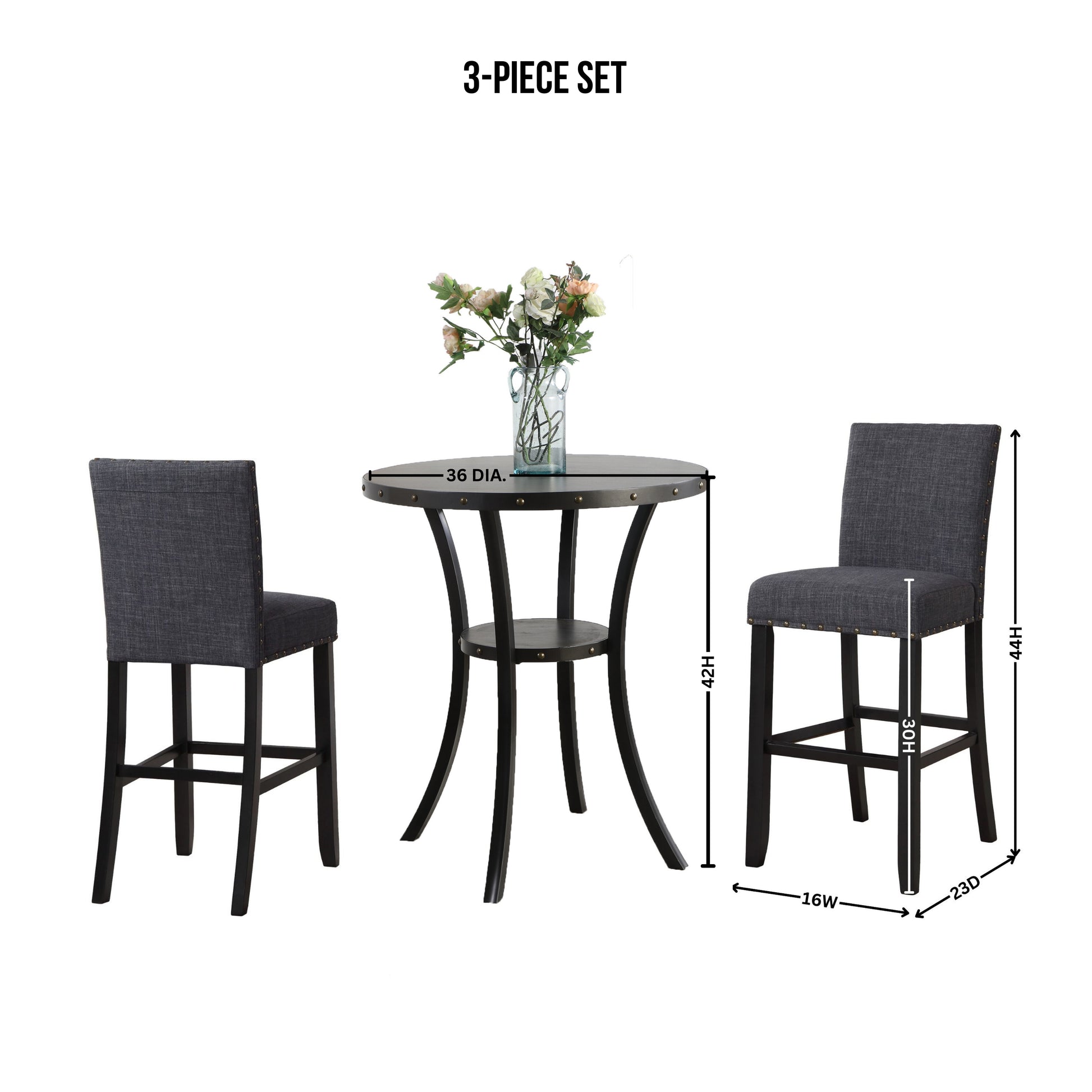 Biony 3-Piece 36" Round Espresso Finish Bar Table with 2 Gray Fabric Nail Head Pub Chairs image 11