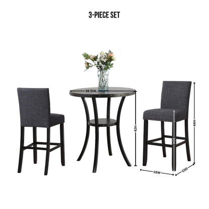Biony 3-Piece 36" Round Espresso Finish Bar Table with 2 Gray Fabric Nail Head Pub Chairs image 11
