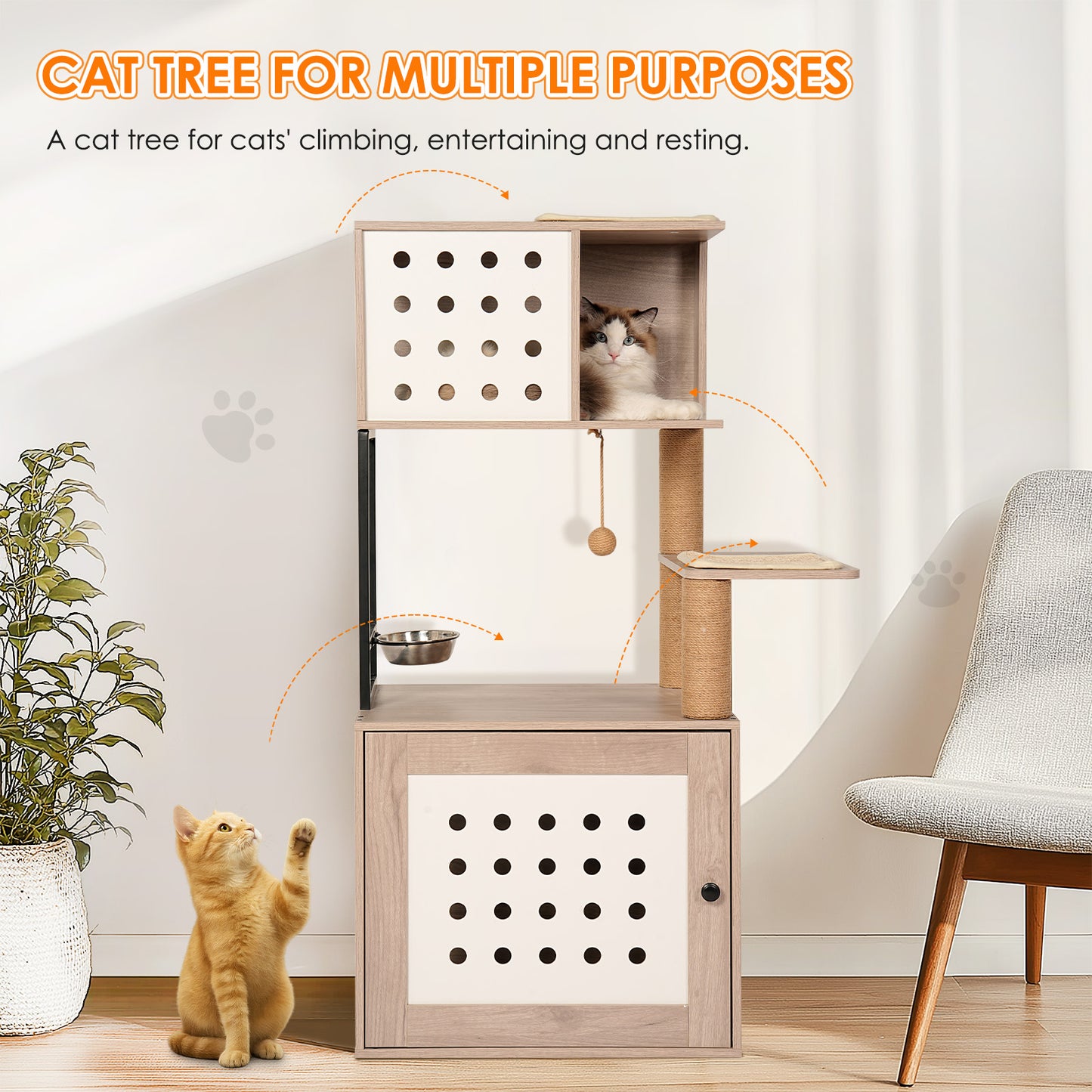 Cat Tree with Litter Box Enclosure, All-in-one Cat Tower for Indoor Cats with Large Hammock, Bed, Food Station, Scratching Posts, Modern Style Pet Furniture, Gray+white image 2