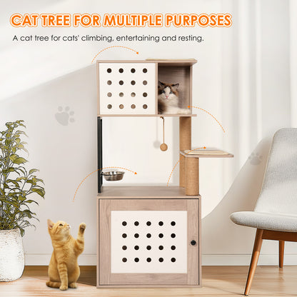Cat Tree with Litter Box Enclosure, All-in-one Cat Tower for Indoor Cats with Large Hammock, Bed, Food Station, Scratching Posts, Modern Style Pet Furniture, Gray+white image 2