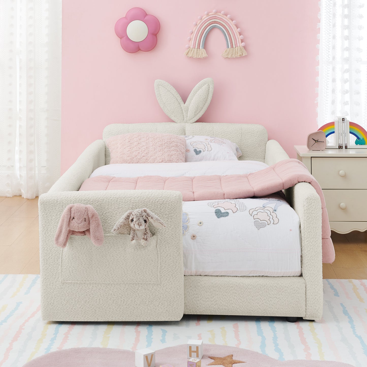 Twin Size Upholstered Platform Bed with Cute Rabbit Ear Shaped Headboard, with Safety Rail and Pocket, Boucle Fabric, Beige image 6
