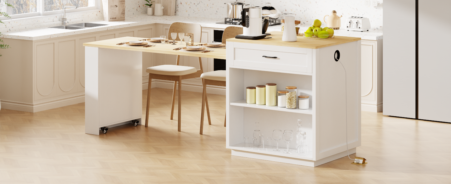 K&K 82.7 inch Kitchen Island with Extendable Dining Table for 4-6 Person,Two-tone Kitchen Table with Double-sized Storage, Power Outlet, Kitchen island with Storage 2 Drawers 2 Side Open Shelves,White image 12