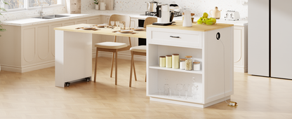 K&K 82.7 inch Kitchen Island with Extendable Dining Table for 4-6 Person,Two-tone Kitchen Table with Double-sized Storage, Power Outlet, Kitchen island with Storage 2 Drawers 2 Side Open Shelves,White image 12