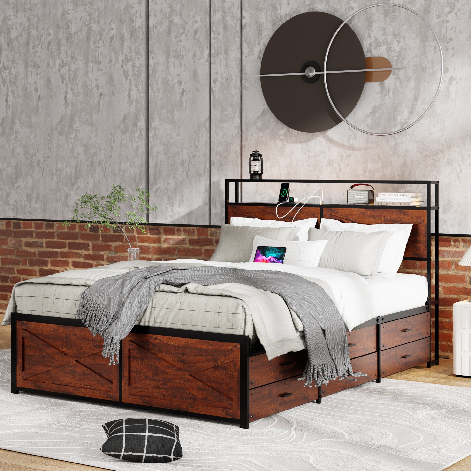 Queen Bed Frame with Storage Headboard and 12 Drawers LED Lights, Metal Platform Non-Slip Without Noise Mattress Foundation Strong Metal Slats Support,No Box Spring Needed image 1