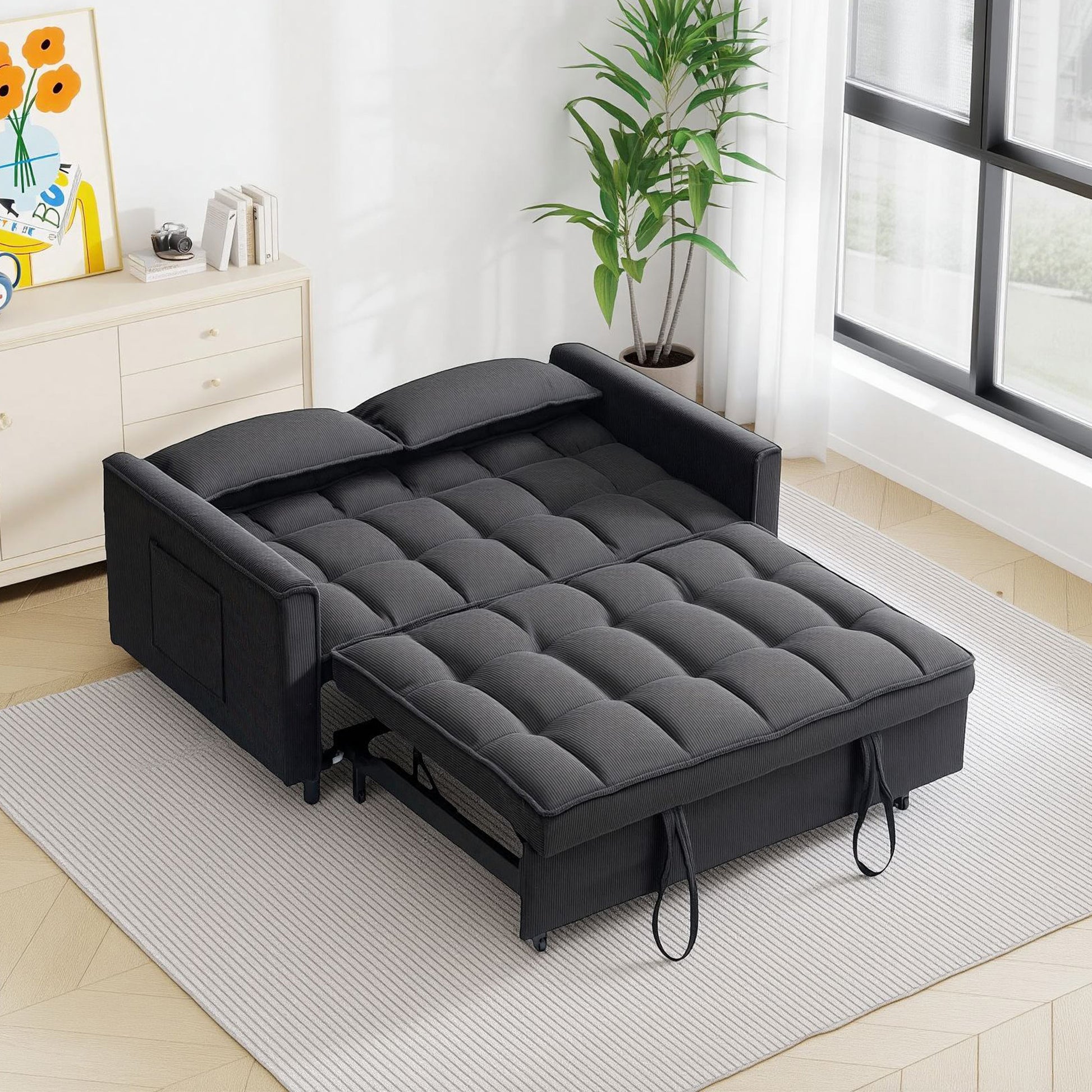54.30" Corduroy Modular Sectional Sleeper Sofa, Loveseat with Pull Out Bed for Living Room Black Couch image 5